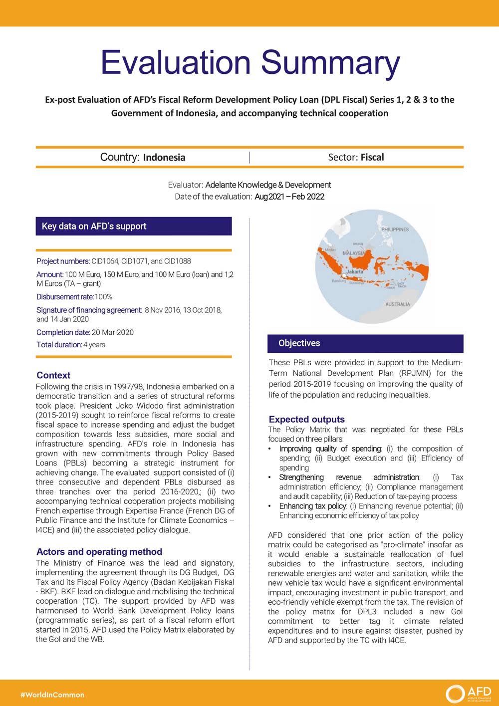 Evaluation Summary - AFD’s Fiscal Reform Development Policy Loan (DPL Fiscal) to the Government of Indonesia CID1064-CID1071-CID1088